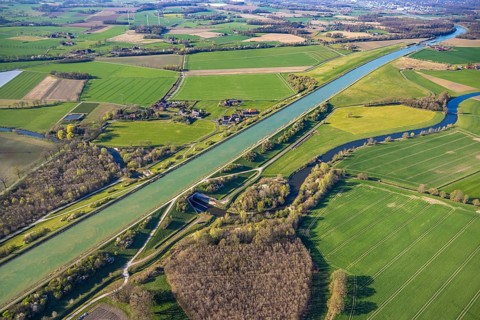 Aerial view, Hohe Mark nature park Park, Datteln-Ems Canal canal overpass and river Stever,