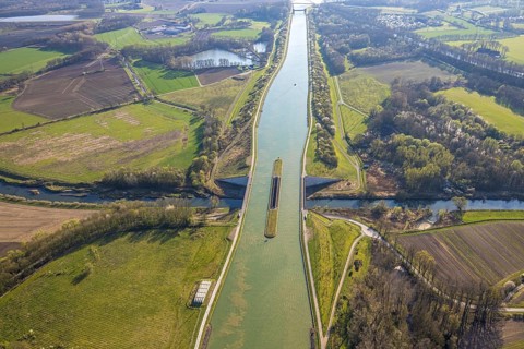 Aerial view, canal bridge Lippe Neue Fahrt, Dortmund-Ems-Kanal, NSG Lippeaue, river and floodplain