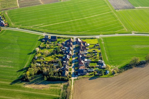 Aerial view, square housing estate Im Hüningholz, Olfen-Kirchspiel, Olfen, Münsterland, North
