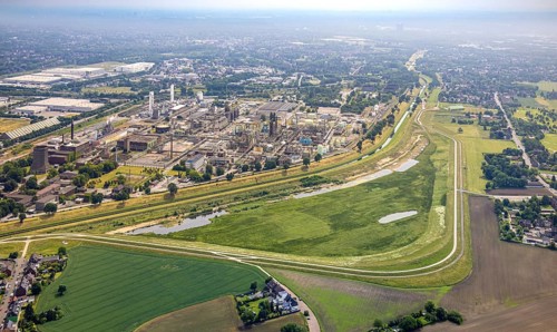 Aerial view, floodplain Holtener Bruch, floodplain at the river Emscher, behind the Oxea plant