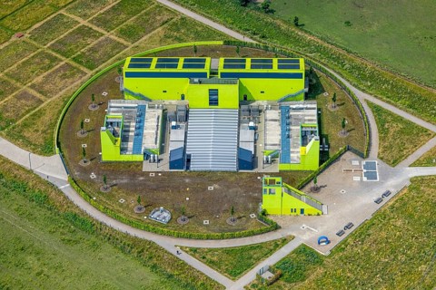 Aerial view, pumping station Oberhausen AKE, green building, Buschhausen, Oberhausen, Ruhr area,