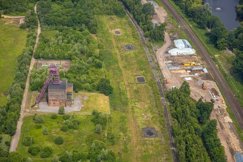 Aerial view, site with historic pithead frame of Sterkrade colliery, construction site, Schwarze