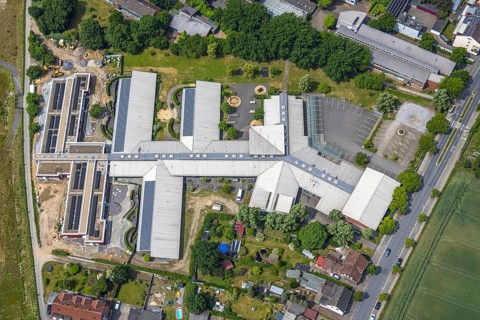 Aerial photo, LVR-Christoph-Schlingensief-Schule Waldorfschule, Schwarze Heide, Oberhausen, Ruhr