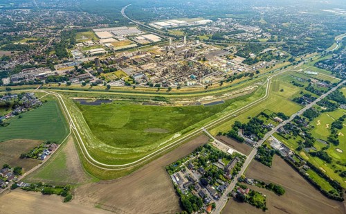 Aerial view, floodplain Holtener Bruch, floodplain at the river Emscher, behind the Oxea plant