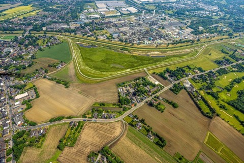 Aerial view, floodplain Holtener Bruch, floodplain at the river Emscher, behind the Oxea plant
