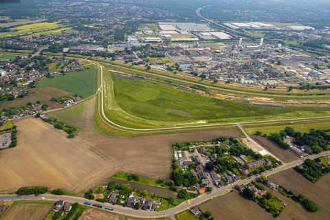 Aerial view, floodplain Holtener Bruch, floodplain at the river Emscher, behind the Oxea plant
