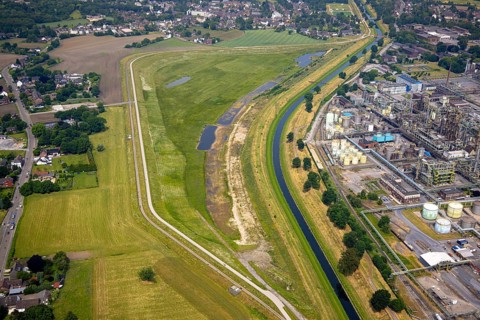 Aerial view, floodplain area Holtener Bruch, floodplain area at the river Emscher, right Oxea plant