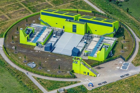 Aerial view, pumping station Oberhausen AKE, green building, Buschhausen, Oberhausen, Ruhr area,
