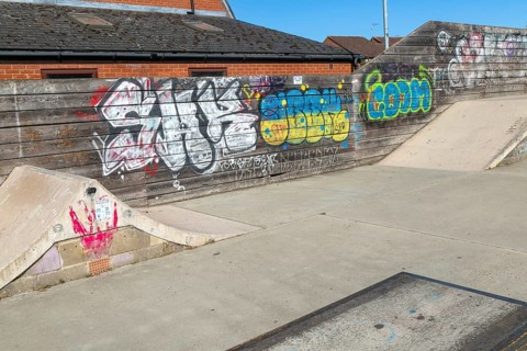 Graffiti artwork at Woodbridge Skatepark, Woodbridge, Suffolk, England, UK