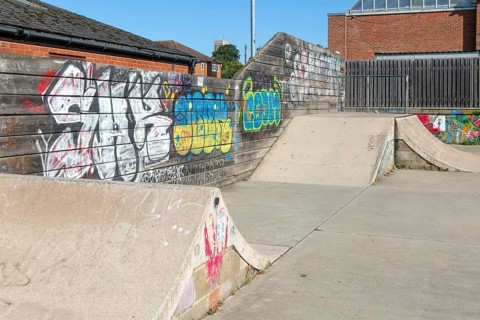 Graffiti artwork at Woodbridge Skatepark, Woodbridge, Suffolk, England, UK