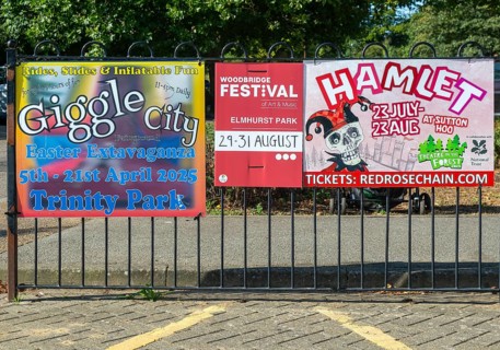 Advertising posters for art and community events, Woodbridge, Suffolk, England, UK