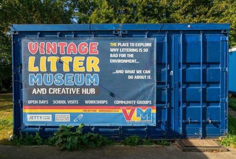 Vintage Litter Museum in recycled shipping container, Jetty Lane, Woodbridge, Suffolk, England, UK