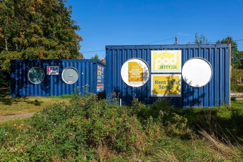 The Pod, warm welcome space, recycled shipping container, Jetty Lane, Woodbridge, Suffolk, England,