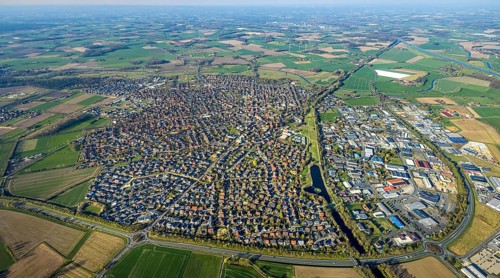 Aerial view, overview residential area Olfen, surrounded by meadows and fields, on the right Alte