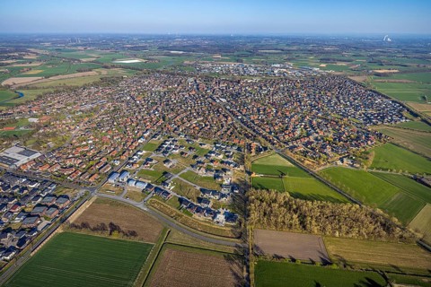 Aerial view, construction area, new development area Olfener Heide, streets with flower names,