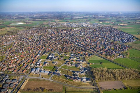 Aerial view, construction area, new development area Olfener Heide, streets with flower names,