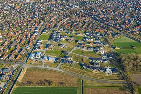 Aerial view, construction area, new development area Olfener Heide, streets with flower names,
