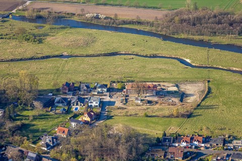 Aerial view, Haus Füchteln, construction site and building area, river Stever, Olfen-Kirchspiel,