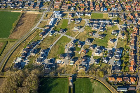 Aerial view, construction area, new development area Olfener Heide, streets with flower names,