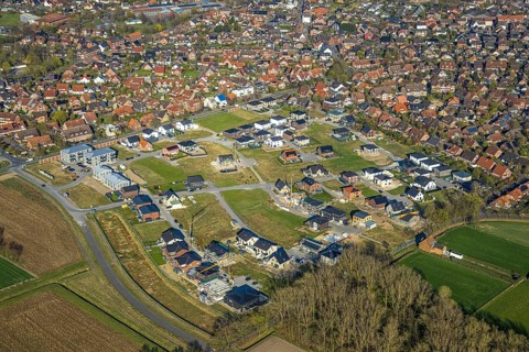 Aerial view, construction area, new development area Olfener Heide, streets with flower names,