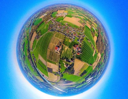 Aerial view, residential area, view of Vinnum district, surrounded by meadows and fields, globe,