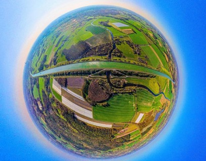 Aerial view, canal bridge Lippe Neue Fahrt, Dortmund-Ems-Kanal, NSG Lippeaue, earth globe, fisheye