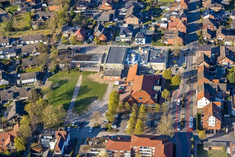 Aerial photo, volunteer fire brigade, indoor swimming pool construction site and town hall, Olfen