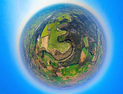 Aerial view, Lippe floodplain and river Lippe meander, earth globe, fisheye shot, fisheye shot, 360