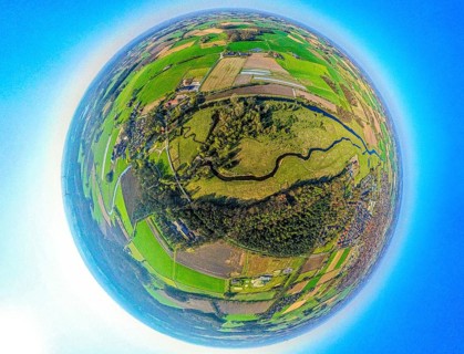 Aerial picture, Steveraue Olfen nature reserve NSG and river Stever meander, earth globe, fisheye