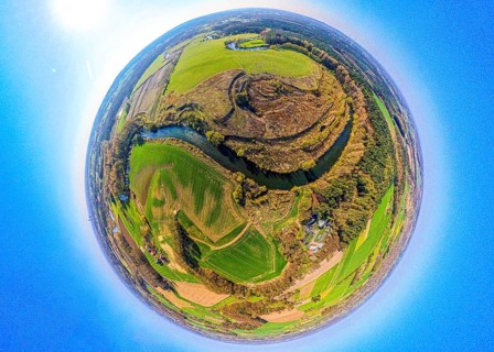 Aerial view, Lippe floodplain and river Lippe meander, meadows and fields, globe, fisheye image,