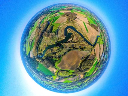 Aerial view, Lippe floodplain and river Lippe meander, meadows and fields, globe, fisheye image,