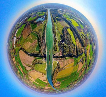 Aerial view, canal bridge Lippe Neue Fahrt, Dortmund-Ems-Kanal, NSG Lippeaue, earth globe, fisheye