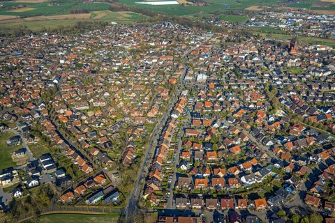 Aerial view, local view overview residential area Olfen, Olfen town, Olfen, Münsterland, North