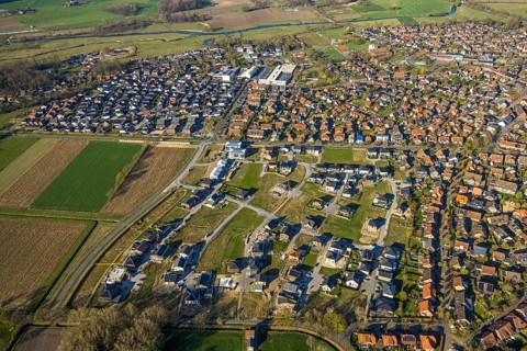 Aerial view, construction area, new development area Olfener Heide, streets with flower names,
