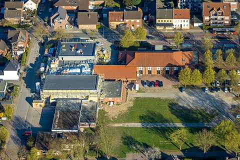 Aerial photo, volunteer fire brigade, indoor swimming pool construction site and town hall, Olfen