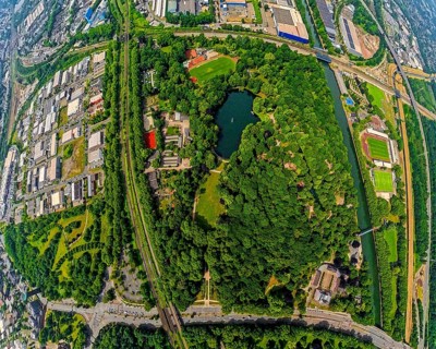 Aerial view, Kaisergarten Park and Zoo, forest with lake, globe, fisheye image, fisheye image, 360