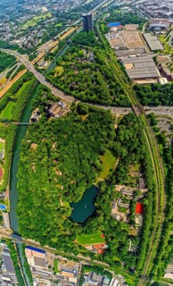 Aerial view, Kaisergarten Park and Zoo, forest with lake, globe, fisheye image, fisheye image, 360