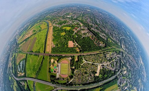 Aerial view, Ruhrpark forest area on the Ruhr river and Ruhr valley with railway bridge,