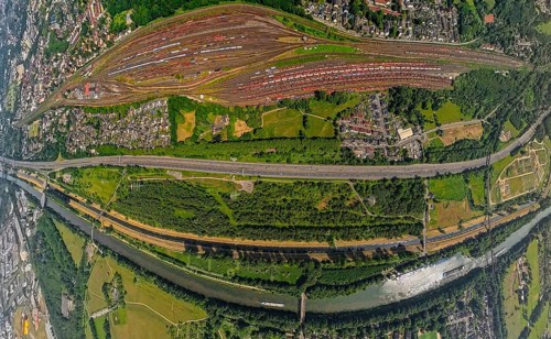 Aerial view, Deutsche Bahn AG Osterfeld freight station, A42 motorway and Vondern Castle on the