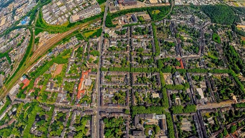 Aerial view, Knappenviertel, residential area Knappenstraße with square street layout and