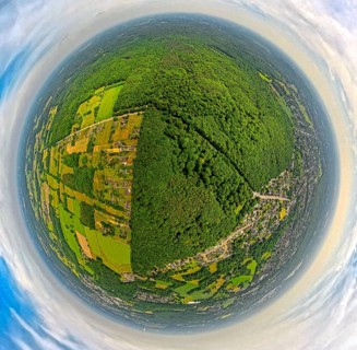 Aerial view, Hiesfeld forest, meadows and fields, globe, fisheye image, fisheye image, 360 degree