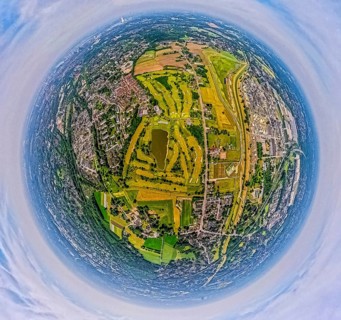 Aerial view, Golfclub Röttgersbach golf course with pond, globe, fisheye image, 360 degree image,