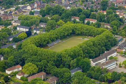 Aerial view, football stadium Am Dicken Stein, sports field with tree border, Sterkrade 06/07