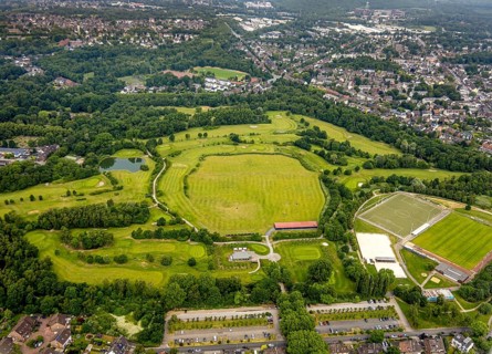 Aerial photo, POTTGOLF Oberhausen golf course and golf meadow, sports facility football pitch