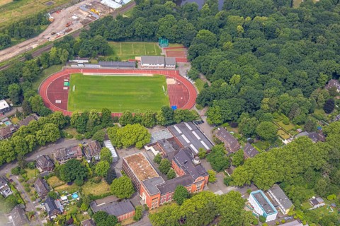 Aerial view, athletics stadium and football stadium at the Volkspark of FC. Sterkrade 72 e.V.,