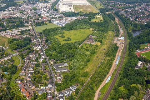 Aerial view, site with historic pithead frame of Sterkrade colliery, construction site, Schwarze