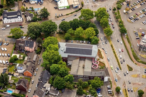 Aerial view, indoor swimming pool Sterkrade, Tackenberg West, Oberhausen, Ruhr area, North