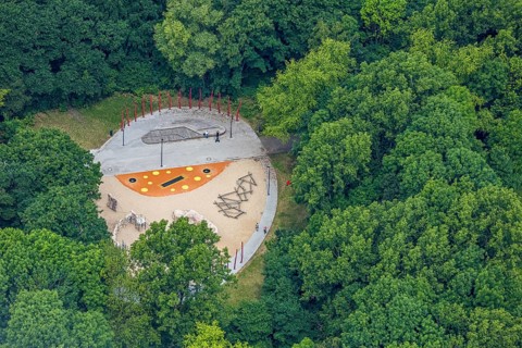 Aerial view, Revierpark Vonderortand playground equipment in the forest, Bottroper Straße,