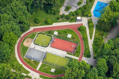 Aerial view, Revierpark Vonderort with outdoor swimming pool in the forest, Bottroper Straße,