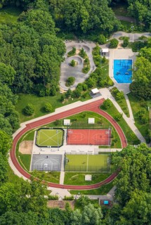 Aerial view, Revierpark Vonderort with outdoor swimming pool in the forest, Bottroper Straße,
